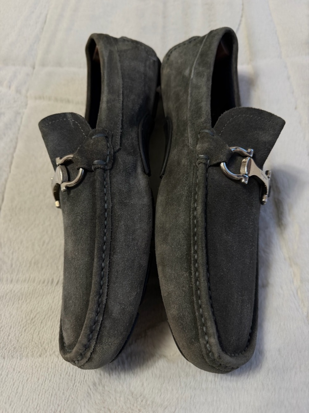 $850 Salvatore Ferragamo Gancini Ornament Bit Suede Driving Loafers Gray 10 11 - Picture 3 of 16